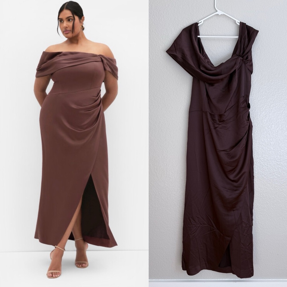 City Chic Off-Shoulder Maxi Dress in Deep Brown